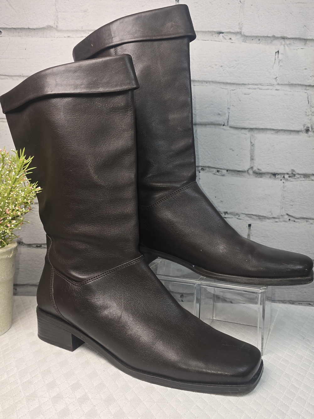 NATURALIZER WOMENS MID-CALF BROWN LEATHER BOOT SMALL HEEL FOLD-OVER CUFF SIZE 8